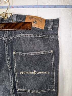 Vintage Y2K Rocawear Baggy Wide Leg Distressed Black Wash Jeans Size 42